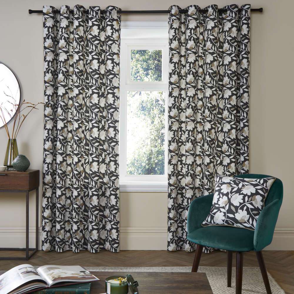 luna black curtains with matching cushion