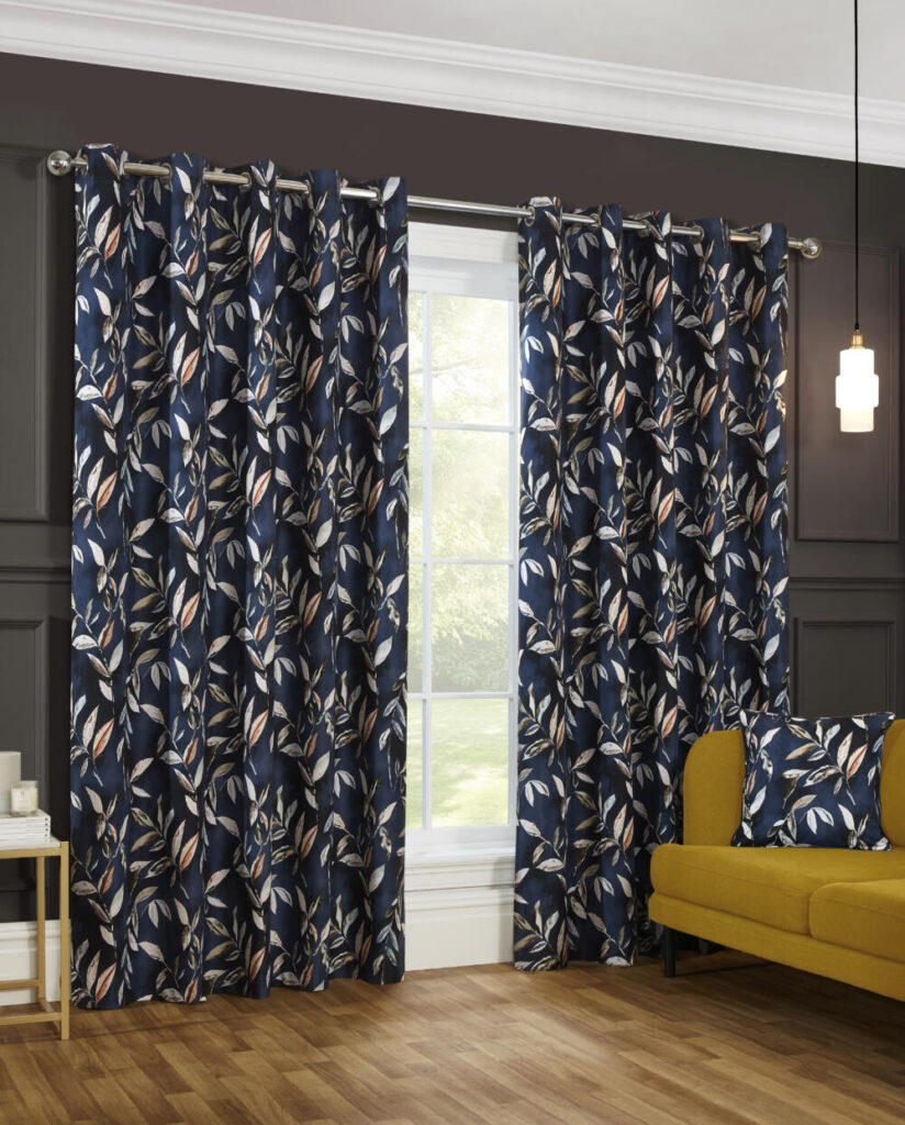 madrid navy made to measure curtains in living room with matching cushions